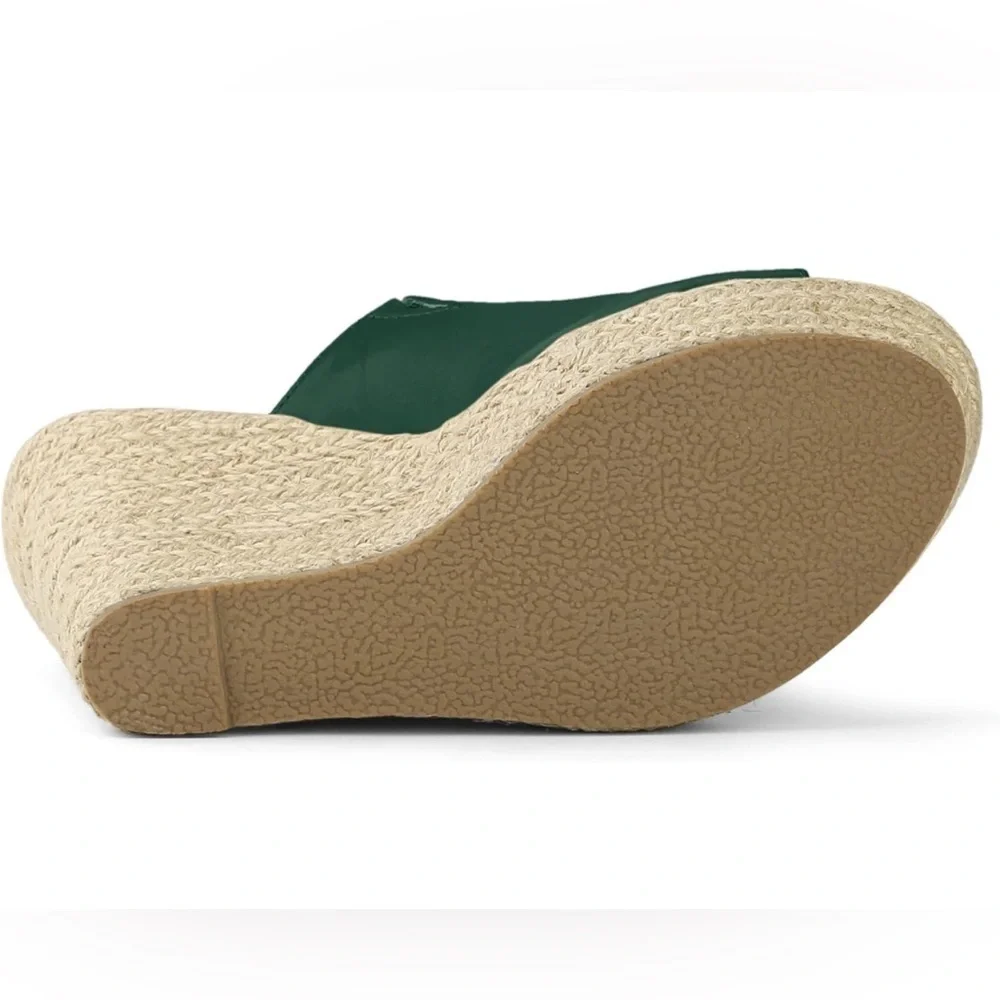 Allegra K Slip on Platform Sandals Espadrilles Wedges Slides Mules, Dark Green 9